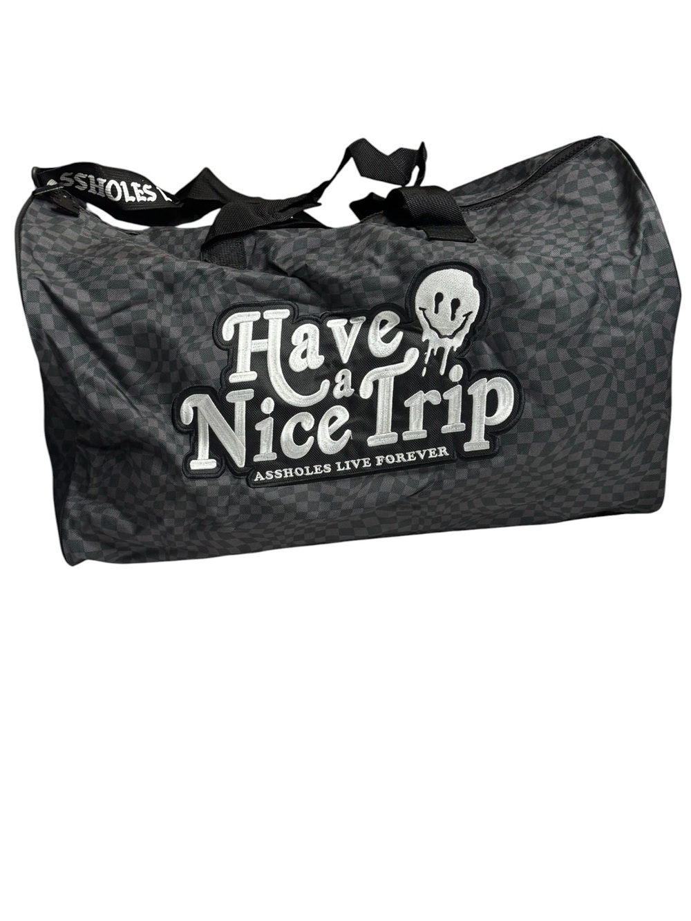 Assholes Live Forever Have a Nice Trip Duffel Bag Trippy Checked Squares NWOT